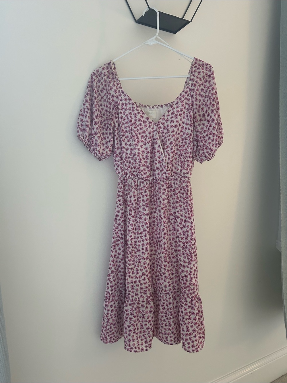 Sienna Sky Pink Floral Midi Dress with Puff Sleeves